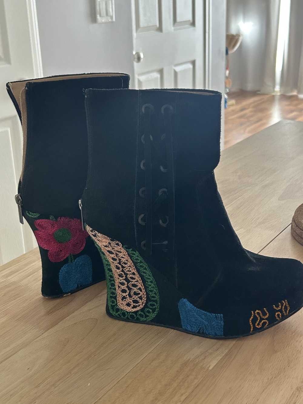 Black One Of A Kind Embroidered Suede Heeled Ankle Boots